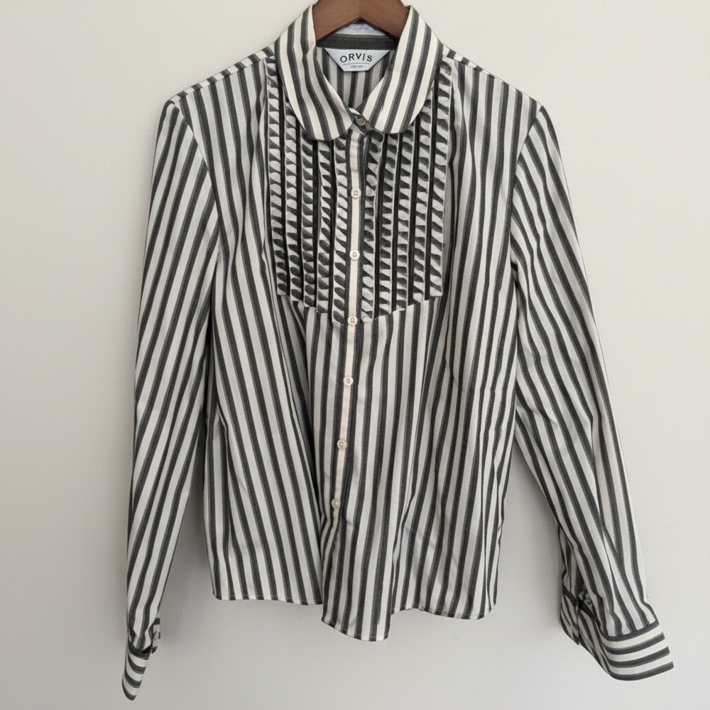 Orvis Womens Striped Pleated Bib Front Blouse Olive Green Peter Pan Collar Sz18